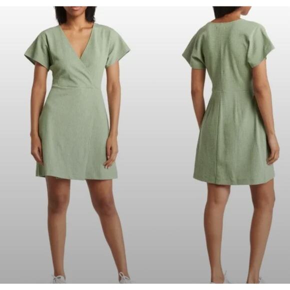 Madewell Cross Front Flutter Sleeve Mini Dress Small Sage Green V Neck Textured - Picture 4 of 6
